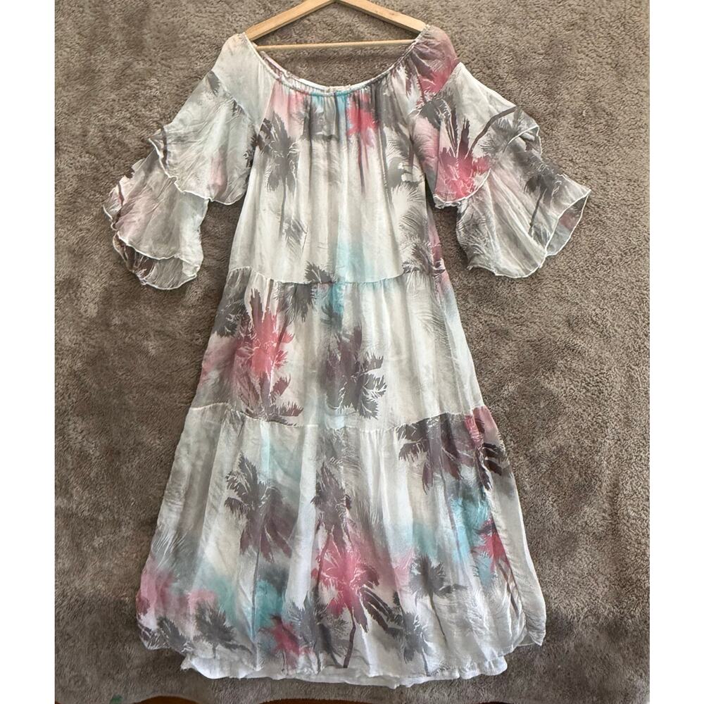 Anna Melani S Tiered Off Shoulder Midi Dress Watercolor Silk Gauze Lagenlook